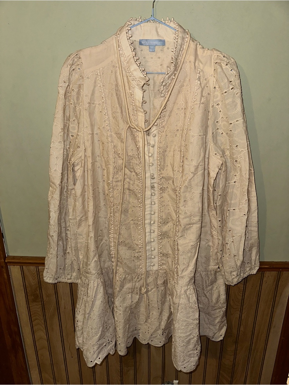 Antonio Melani Cream Eyelet Peasant Dress with Tie Neck